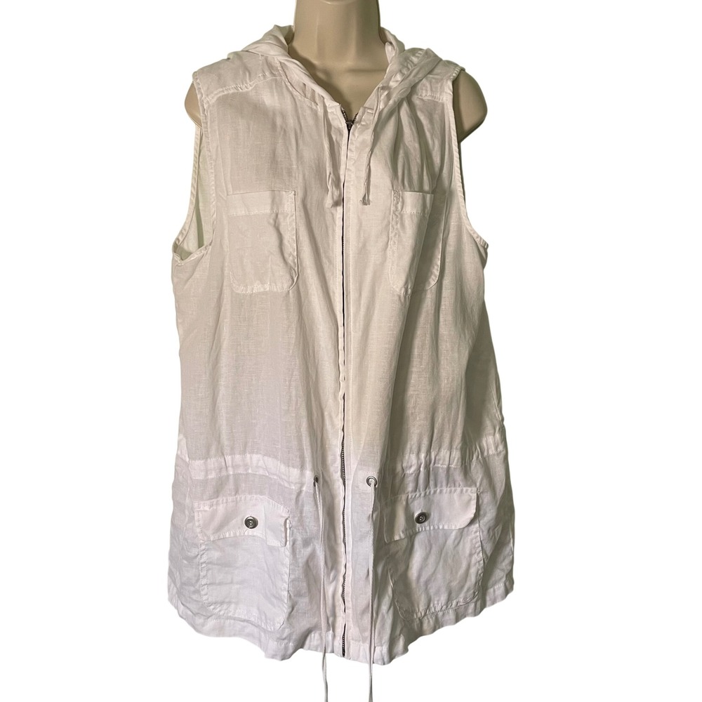 Kenar Womens White 100% Linen Hooded Utility Vest XL Full Zip Drawstring Waist